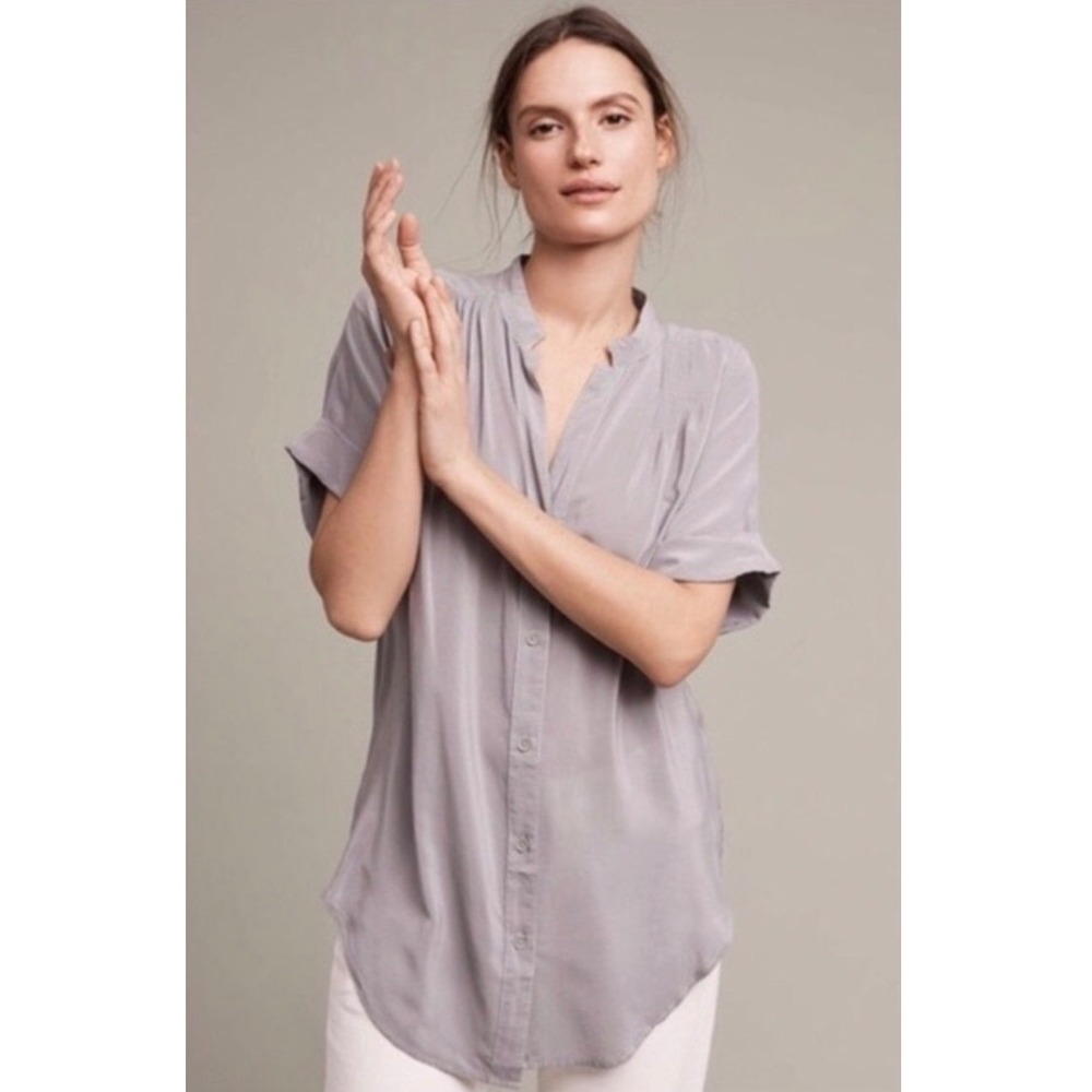 Anthropologie Maeve 100% Silk Gray Yoked Pintuck Button Down Tunic Blouse M